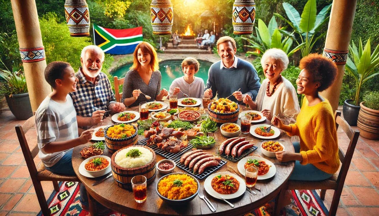 a family enjoying a meal around the table, capturing the warmth and culinary charm of Pretoria.