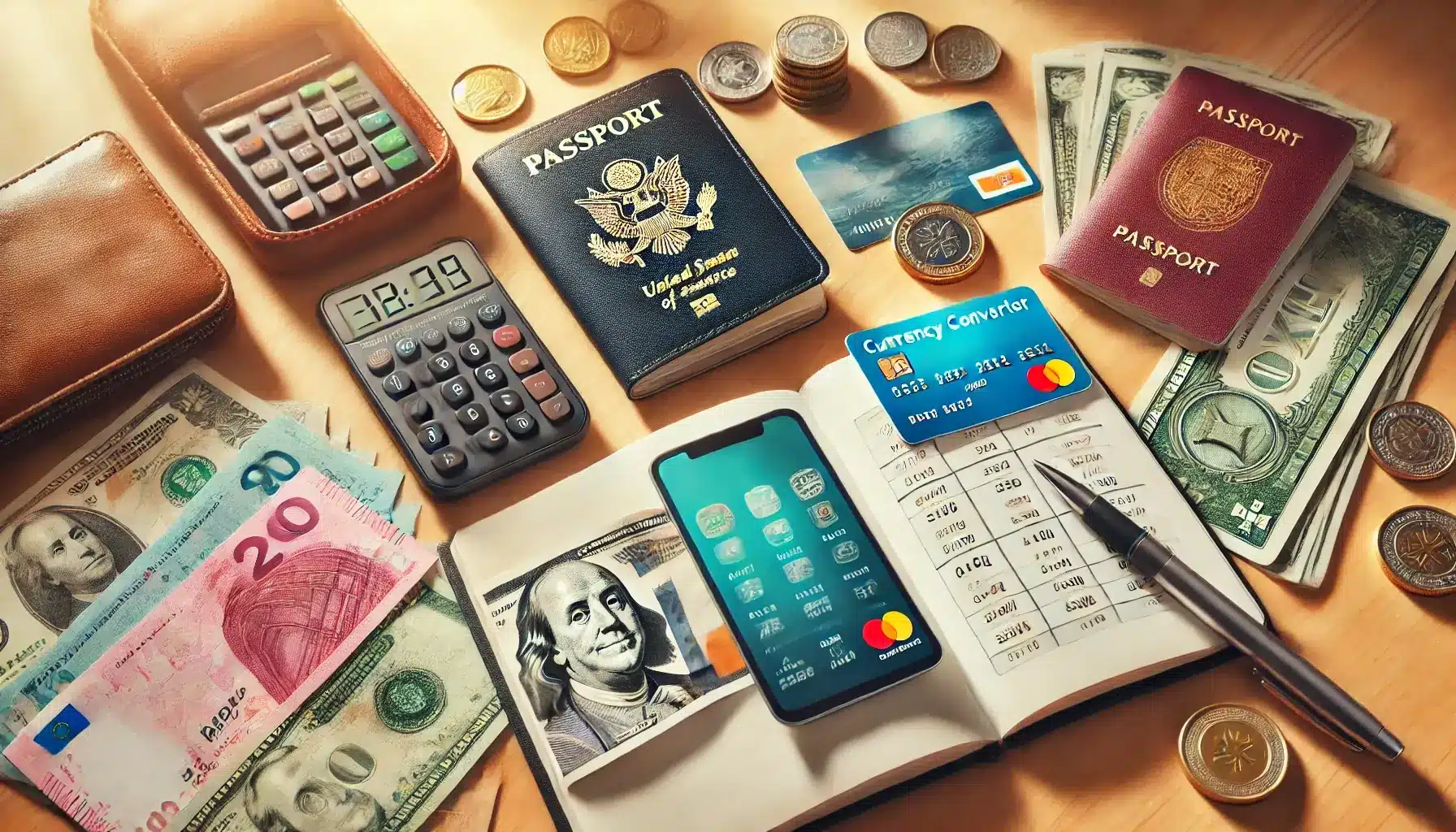  image depicting money management essentials for travelers. The scene includes a table with various currencies, a credit cards , passport ect.