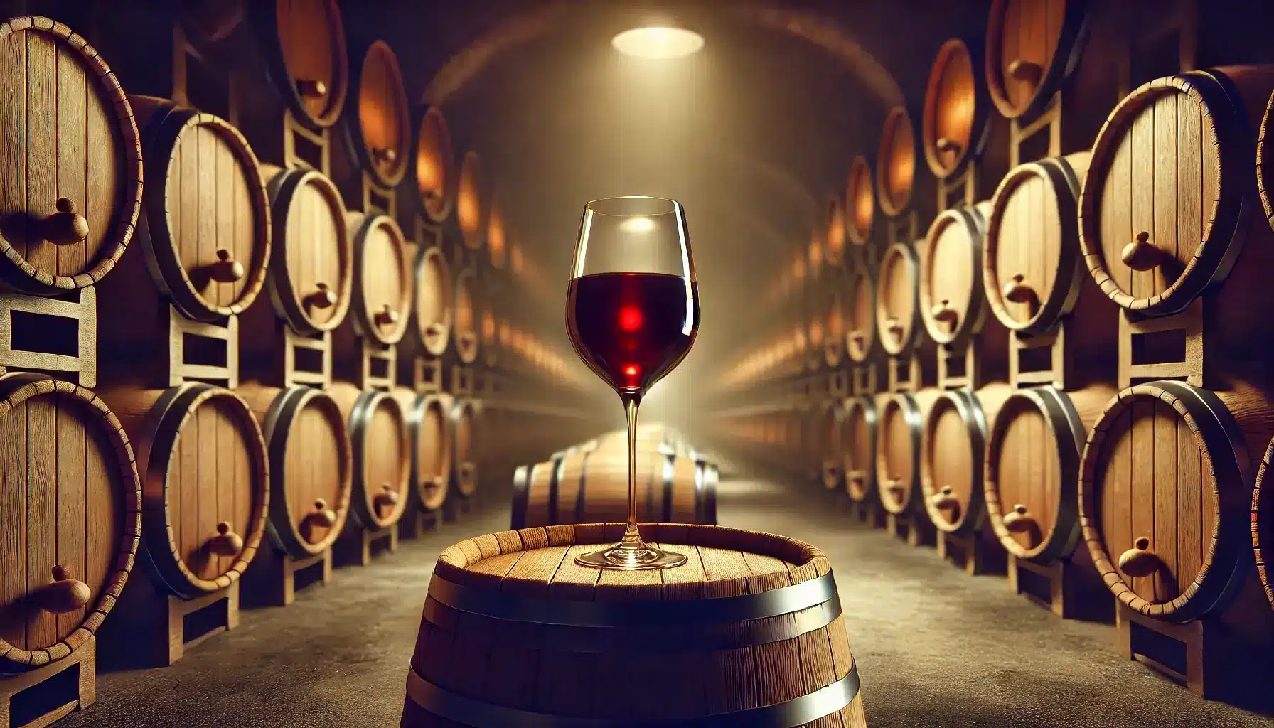 image of a wine cellar with rows of wooden barrels arranged in a dimly lit, atmospheric environment. 