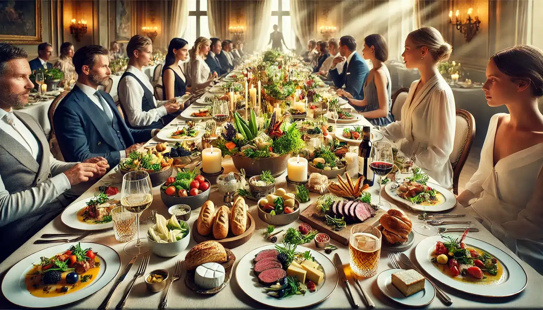 image showcasing a luxurious table filled with a variety of gourmet culinary delights and several People Enjoying 