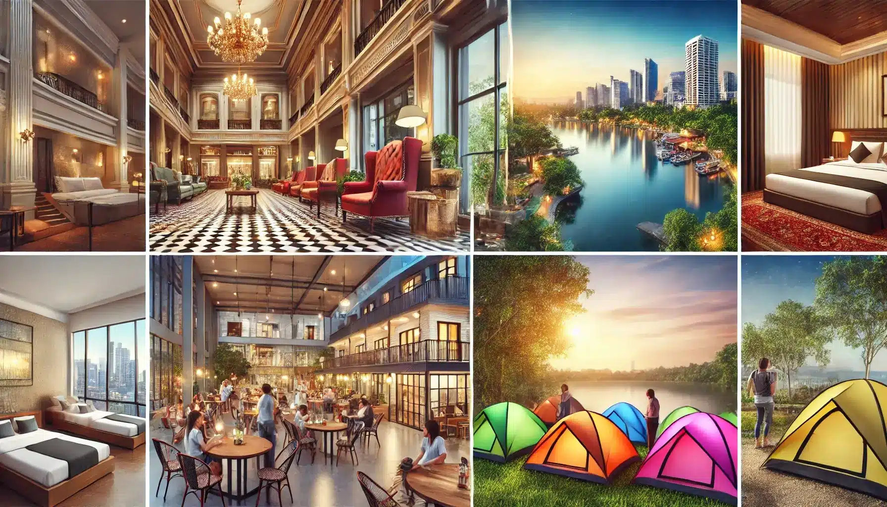 image showcasing a variety of accommodation options for travelers.  scene features a luxurious hotel , tents , houses dormatory 