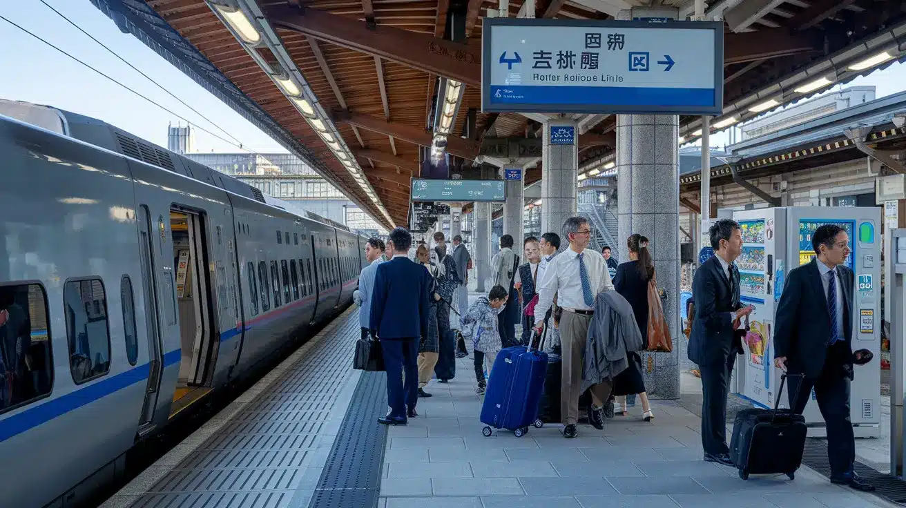 a group of people at a train station