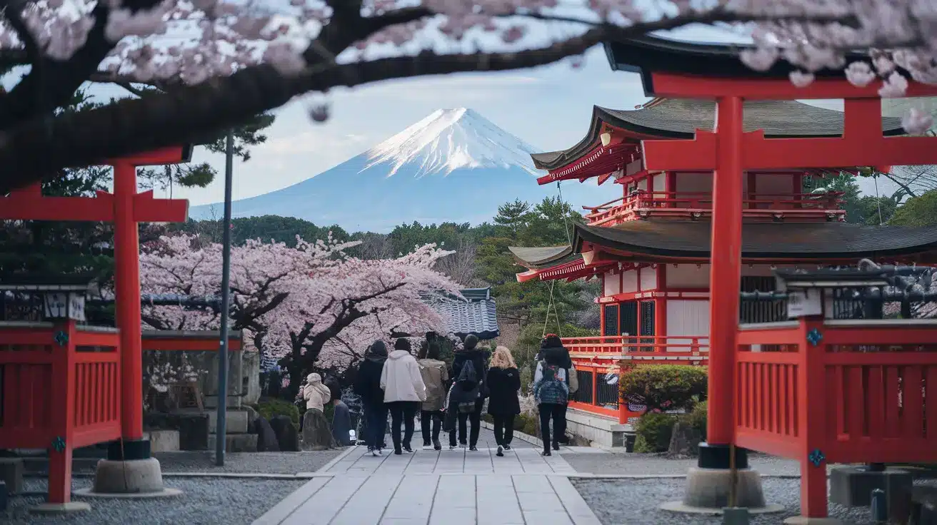 a group of people walking down a path with a mountain in the background