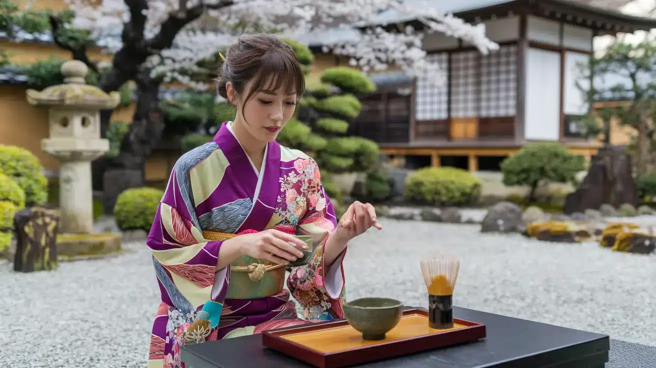 a woman in a kimono sitting at a table