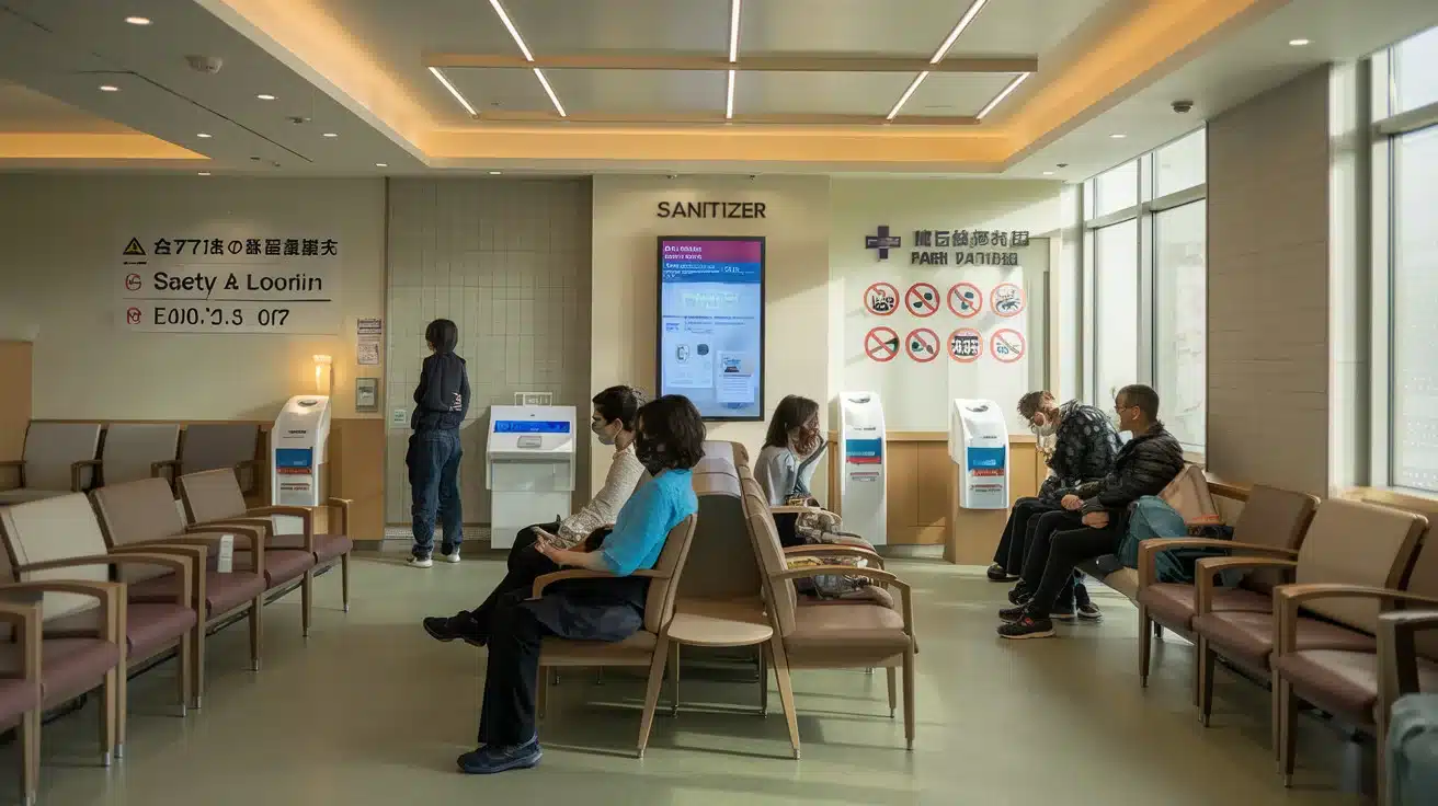 people sitting in chairs in a waiting room at health Centre