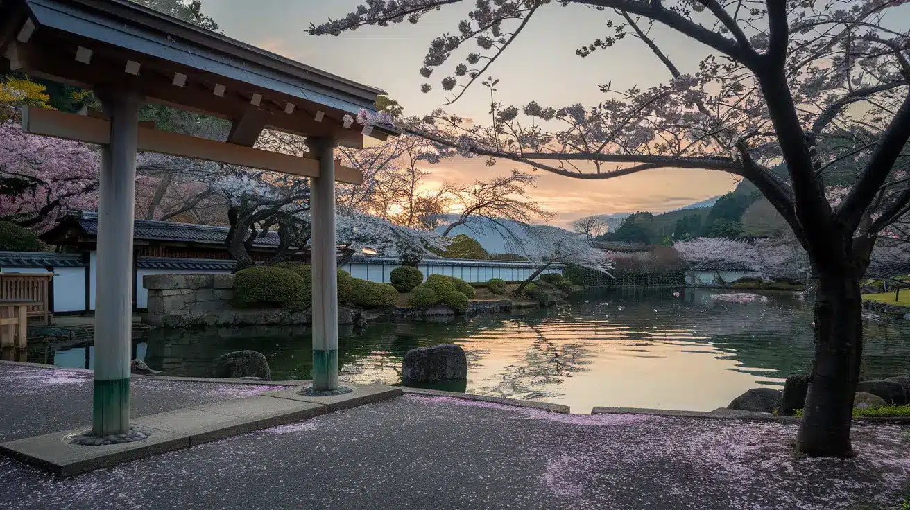 a body of water with a structure and cherry blossoms